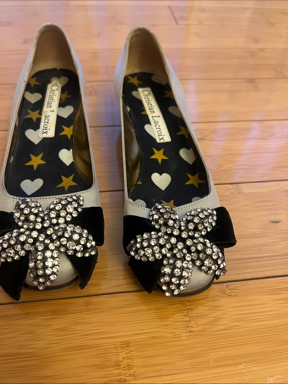 Christian Lacroix Silver Flats with Black Velvet Bow & Crystal Flower